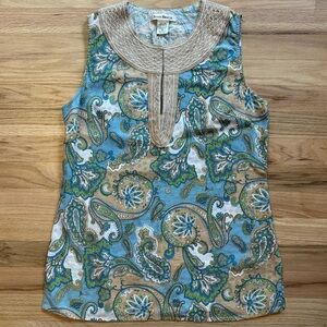 Susan Bristol Boho Paisley Linen Blend Tank Top Size M  - Blue and Green